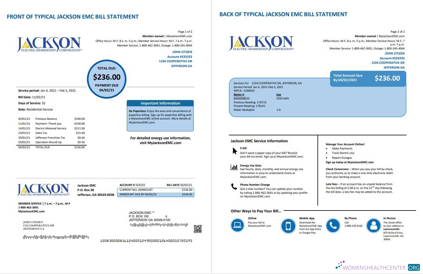 download USA Georgia JACKSON EMC utility bill template in Word and PDF format (2 pages) PDF template